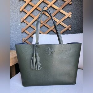 Tory Burch McGraw Pebbled Leather Tote Bag - Olive green